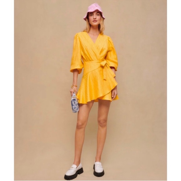 Maje Dresses & Skirts - Maje Yellow Linen Blend Puff Sleeve Wrap Mini Dress NWT